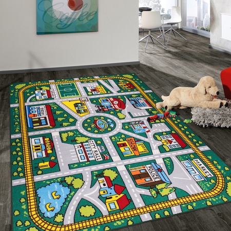 World Rug Gallery Kids Educational Learning City Life Road Area Rug 5' x 7' Green 2030GREEN5X7